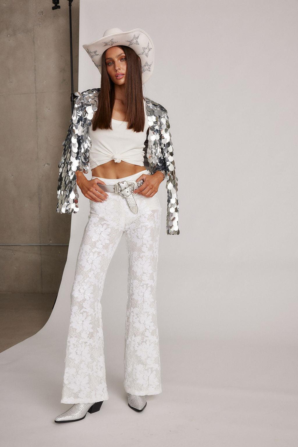 Maddox White Sequin Lace Pants Product Image