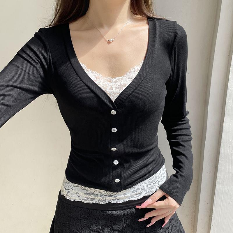 Long Sleeve V-Neck Mock Two Piece Button Panel Lace Top Product Image