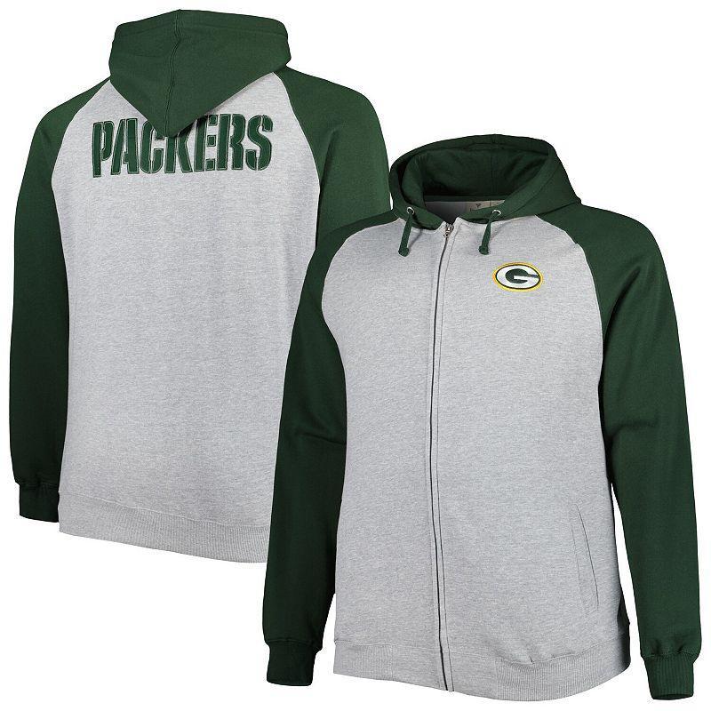 Mens Heather Gray Green Bay Packers Big & Tall Fleece Raglan Full-Zip Hoodie Jacket Product Image