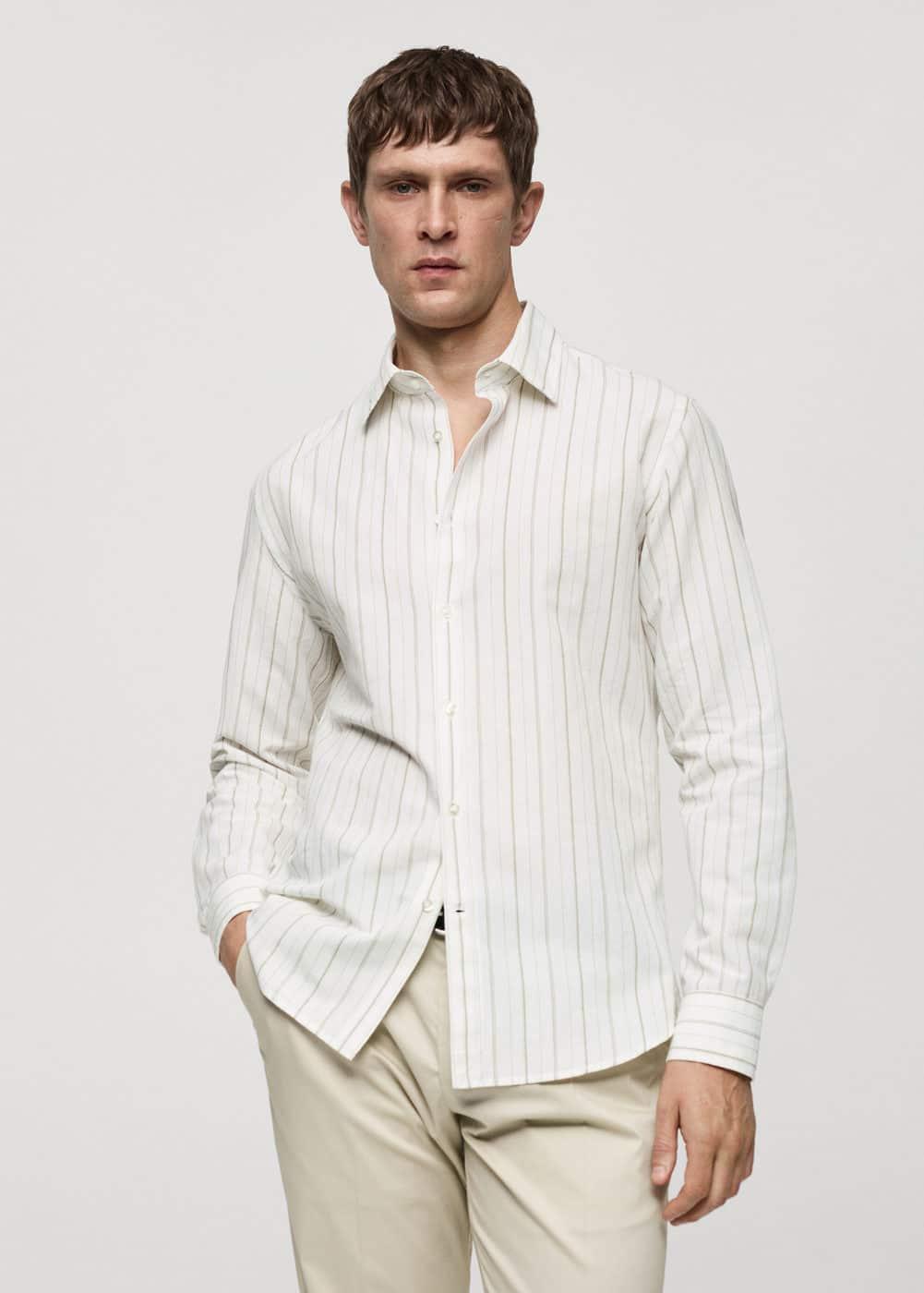 MANGO MAN - Regular-fit striped cotton-linen shirt khakiMen Product Image