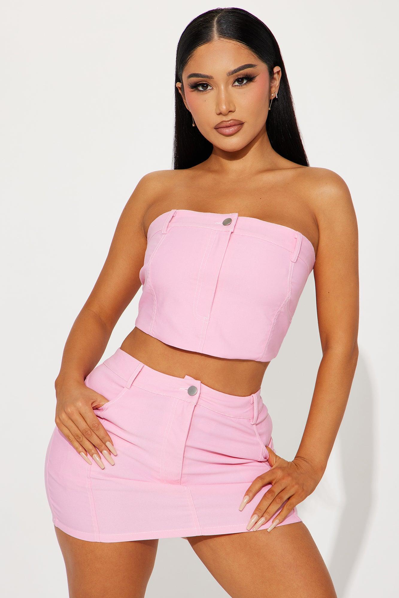 Flirty Ways Denim Skirt Set - Pink Product Image