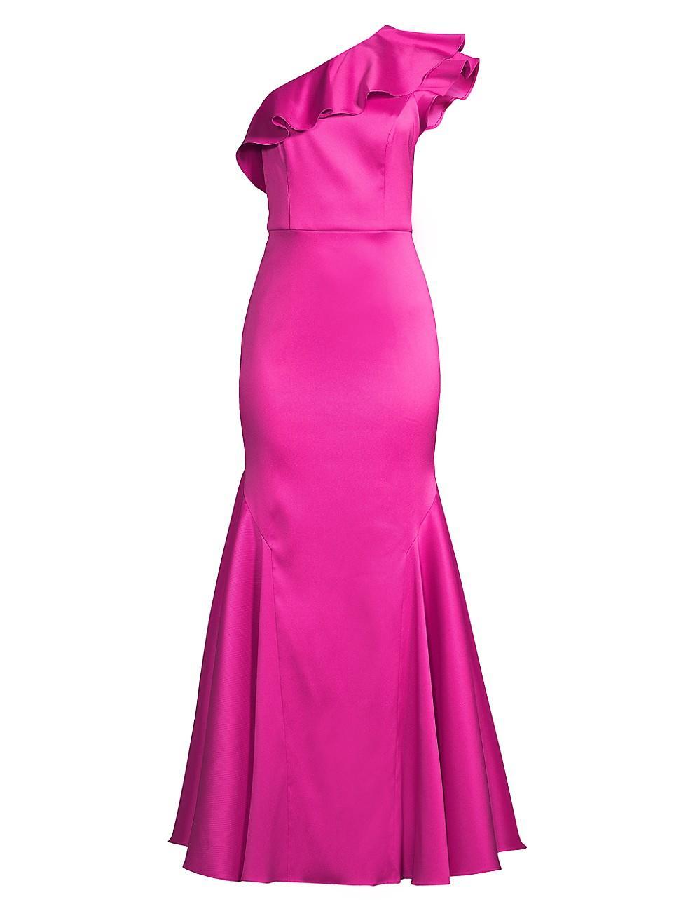 Womens Satin One-Shoulder Ruffle Gown Product Image