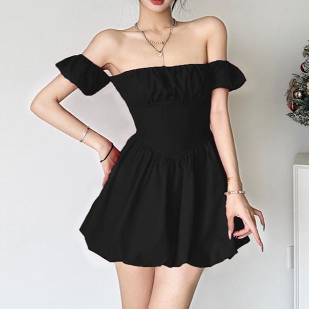 Short-Sleeve Off Shoulder Plain Mini A-Line Dress Product Image