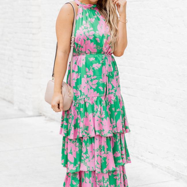 An Inspiration Green and Pink Printed Satin Halter Maxi Dress FINAL SALE Product Image