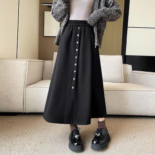 Elastic Waist Plain Button Maxi A-Line Skirt Product Image