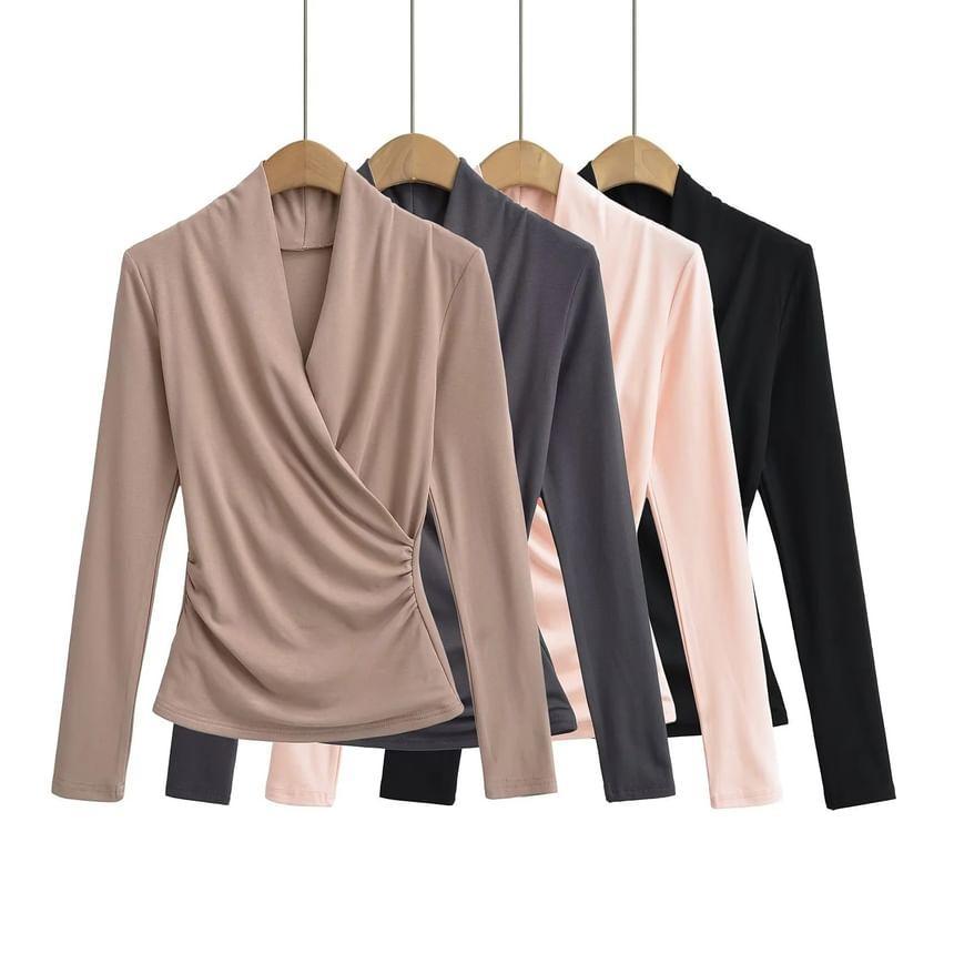 Long-Sleeve V-Neck Plain Top Product Image