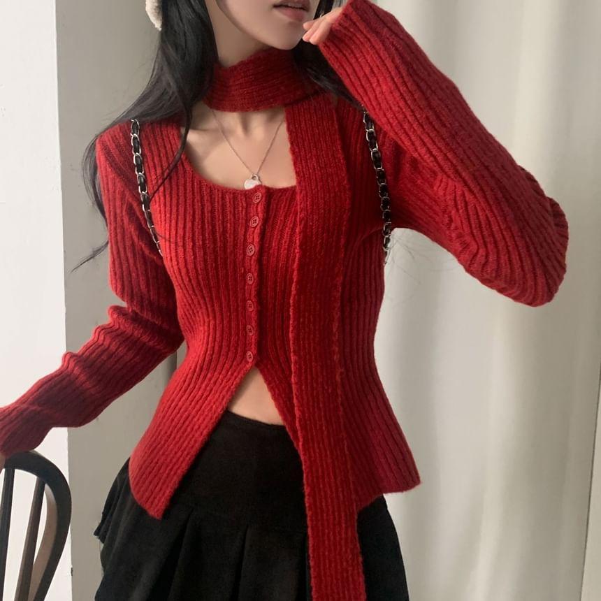 Long Sleeve Square Neck Ribbed Knit Cardigan with Scarf Product Image