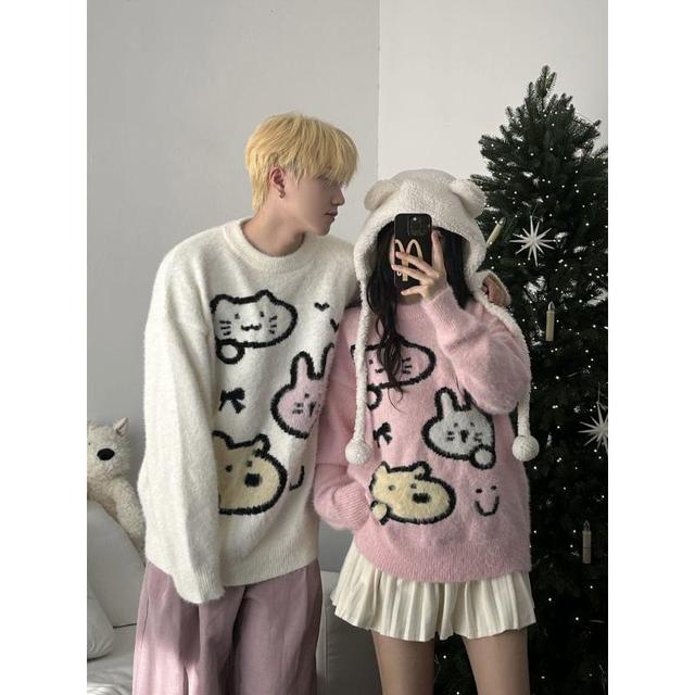 Couple Matching Round Neck Cartoon Jacquard Sweater Product Image