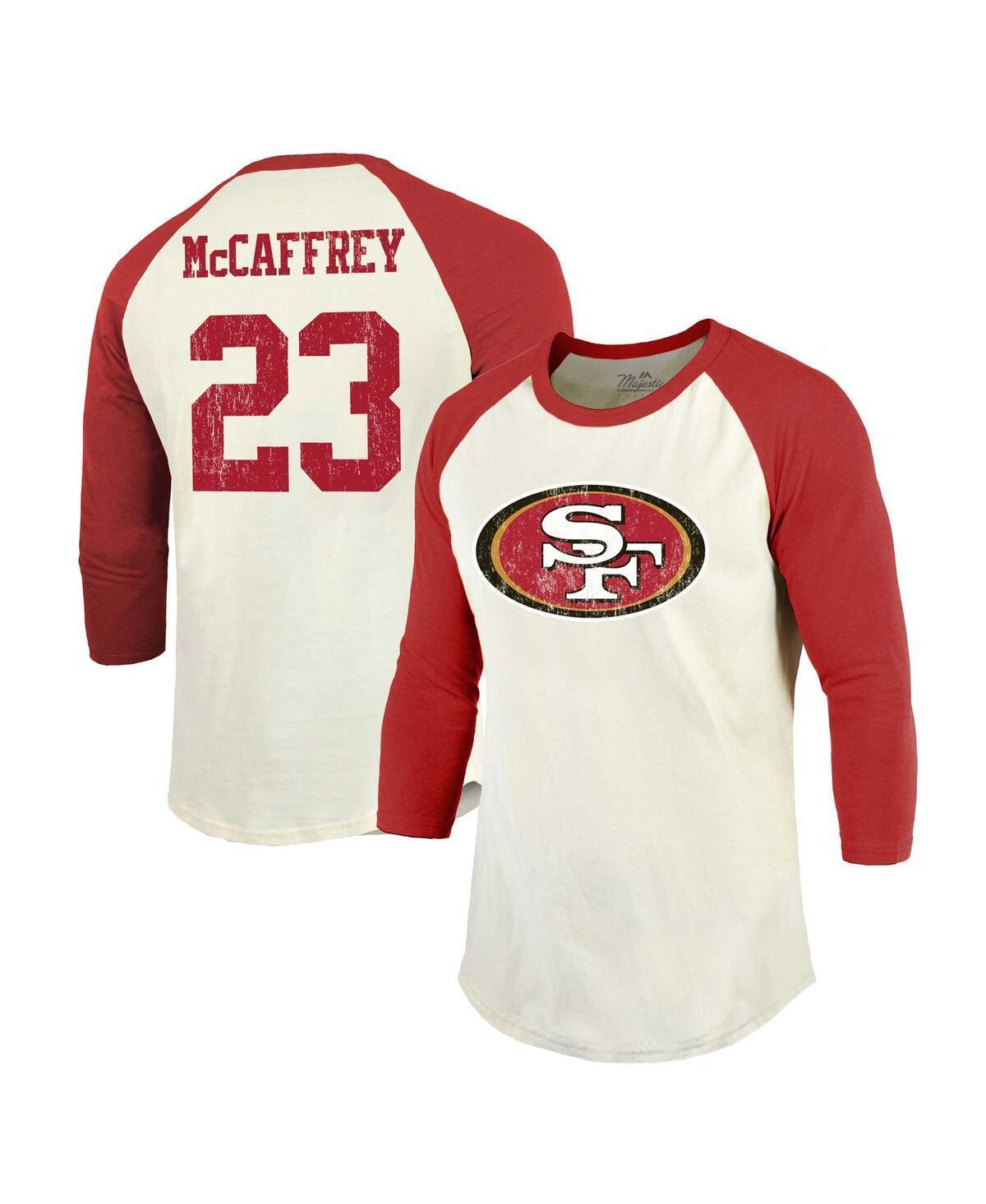 Mens Majestic Threads Christian McCaffrey Cream San Francisco 49ers Player Name and Number Raglan 3/4-Sleeve T-shirt - Cream Product Image