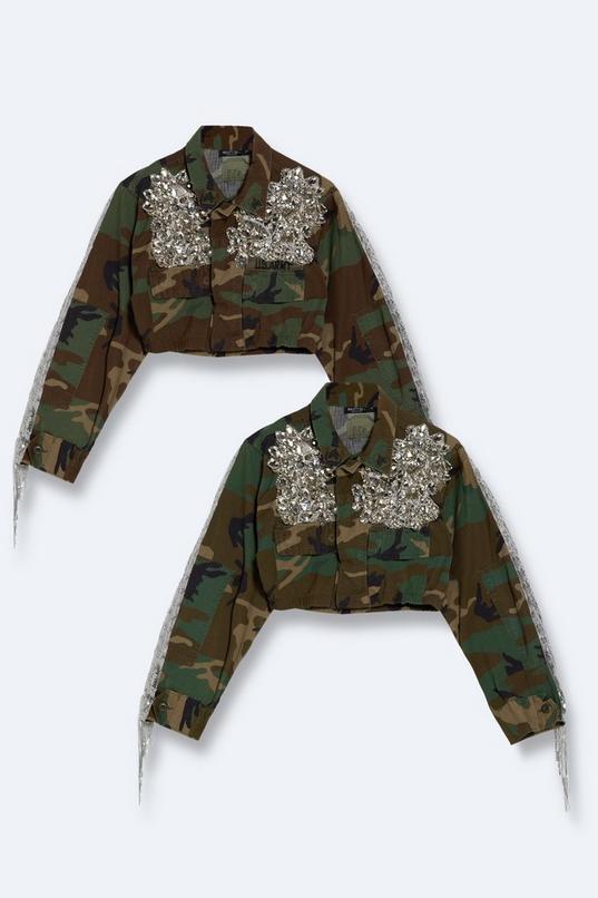 Embellished Fringe Cropped Camo Jacket  Product Image