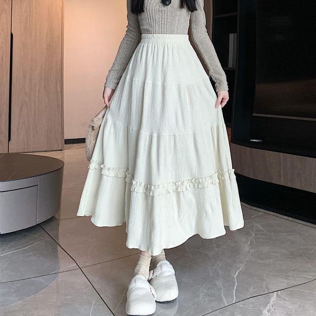 High Waist Plain Ruffle Maxi A-Line Skirt Product Image