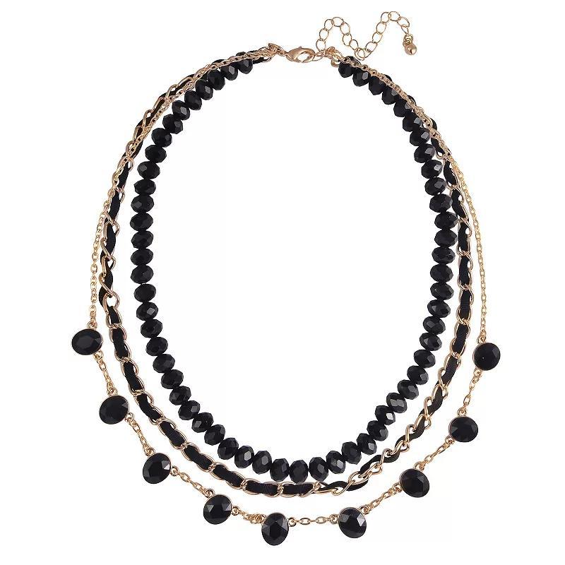 Emberly Gold Tone Black Beaded Triple Strand Necklace, Womens Product Image