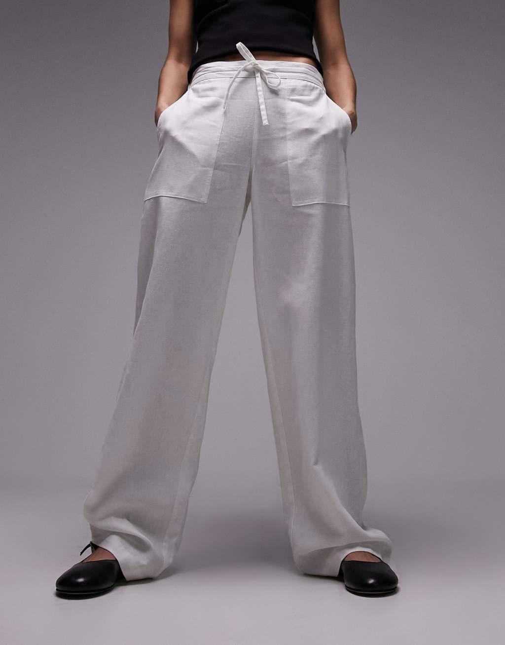 Topshop straight leg linen pants in white product image