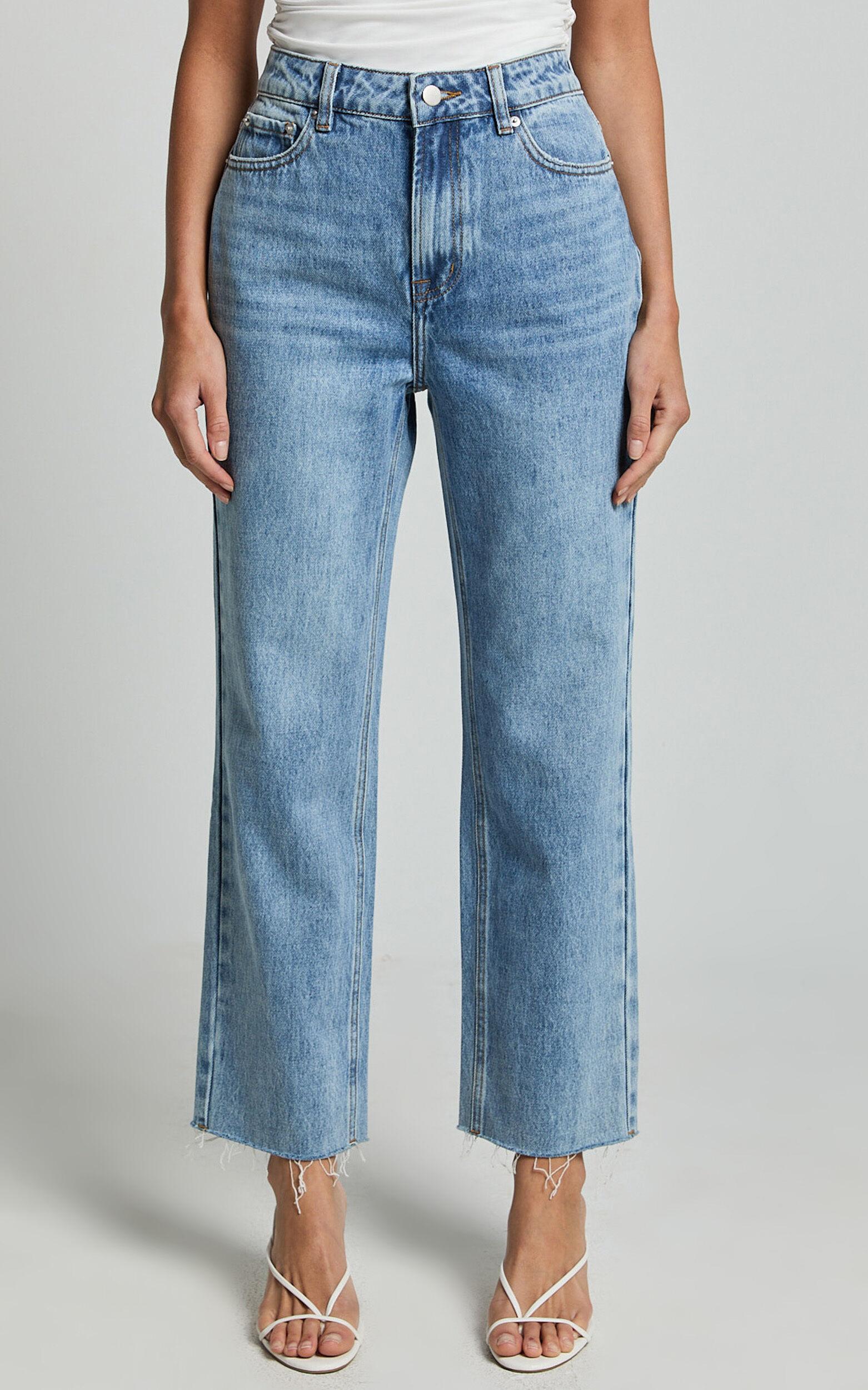 Imelda Jeans - Mid Waist Frayed Hem Recycled Denim Crop Straight Leg Jeans in Mid Blue Wash Product Image