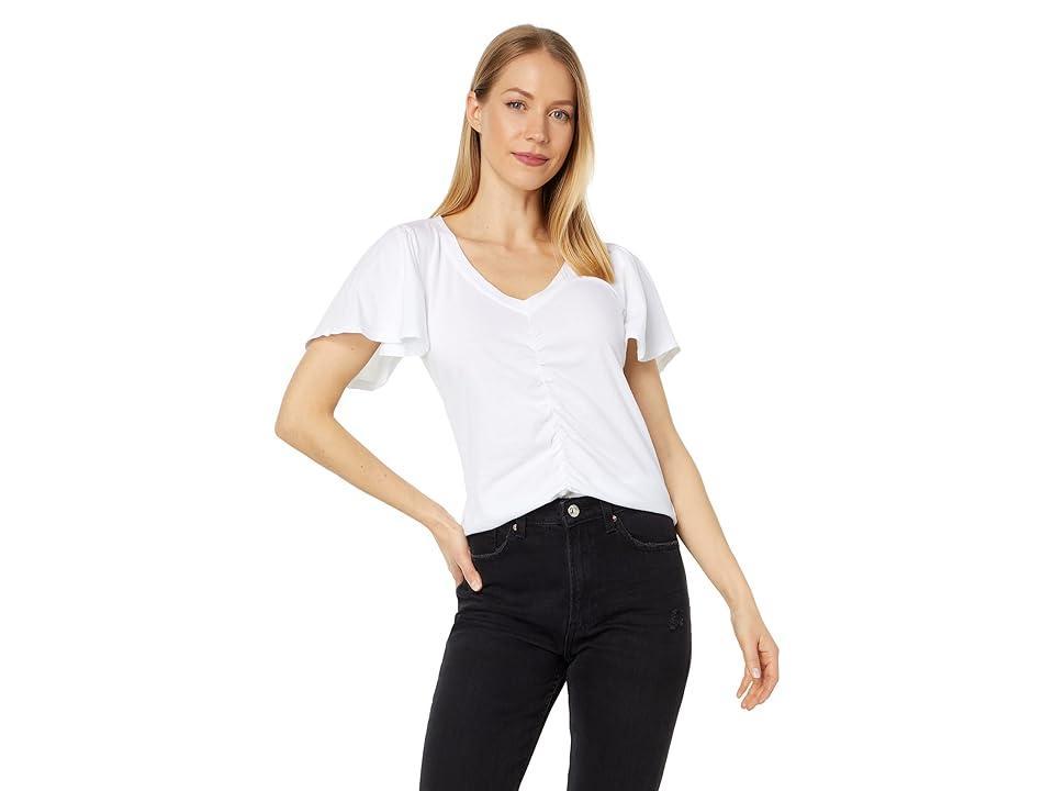 bobi Los Angeles Flutter Sleeve Shirred Front Tee (White) Women's Clothing Product Image