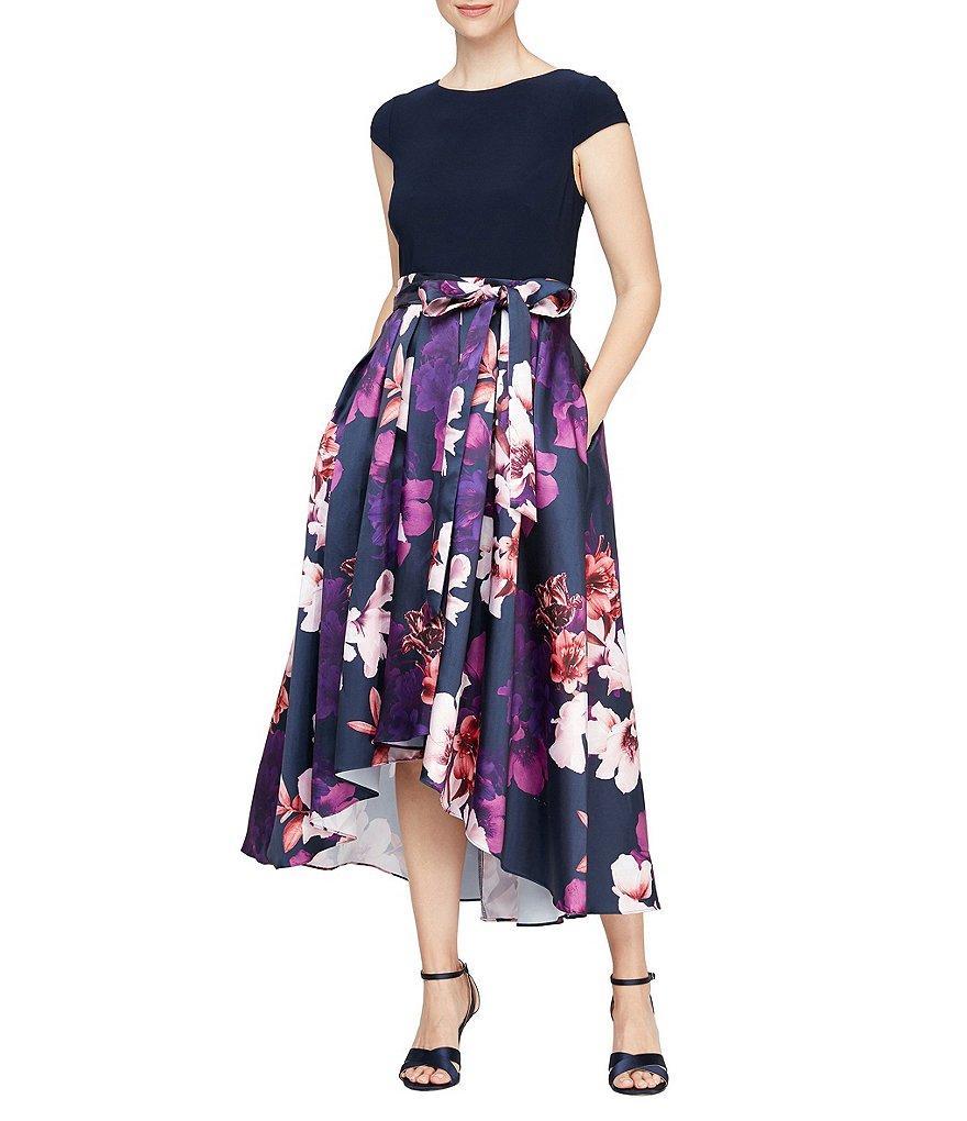 Ignite Evenings Floral Print Cap Sleeve Crew Neck Tie Waist High-Low Hem A-Line Dress Product Image