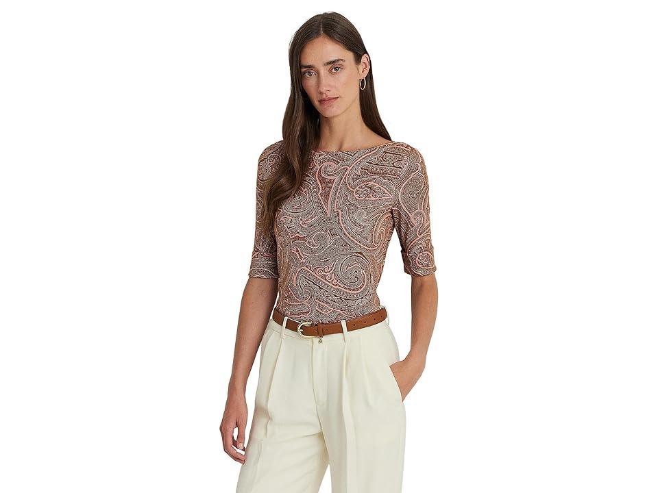 LAUREN Ralph Lauren Paisley Stretch Cotton Boatneck Tee Cream/Pink) Women's Clothing Product Image