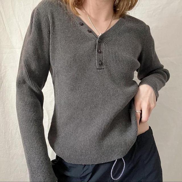 Long Sleeve V-Neck Half-Button Plain Loose-Fit Sweater Product Image