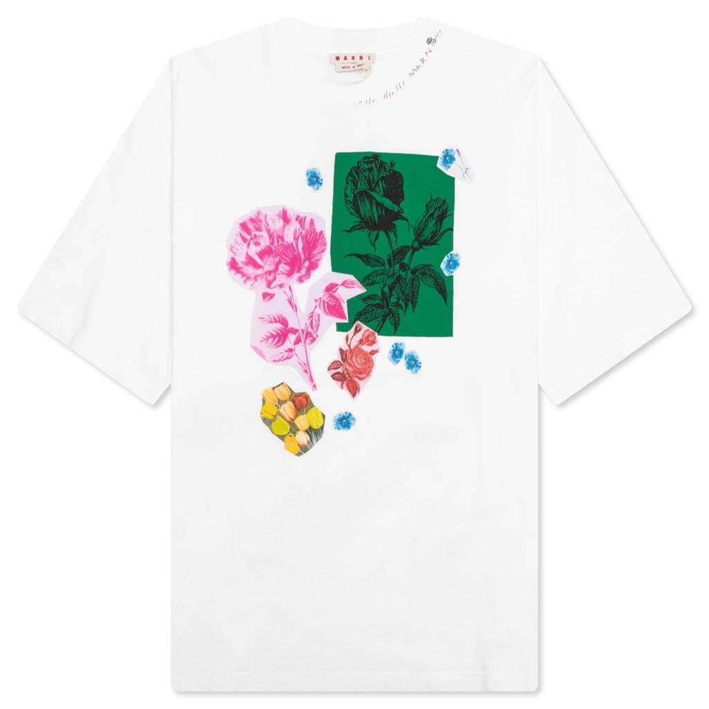 White Cotton T-Shirt With Flower Prints - Lily White Male Product Image