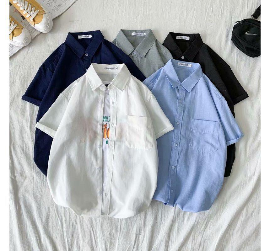 Short-Sleeve Collared Plain Shirt Product Image