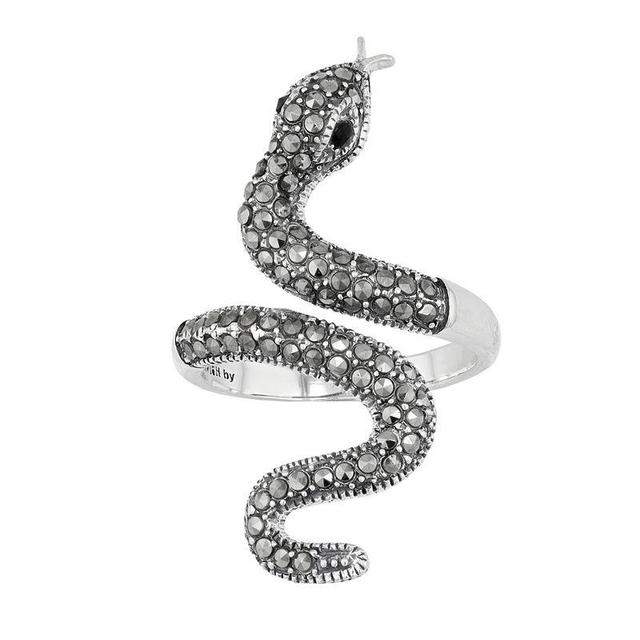 Lavish by TJM Sterling Silver Black Spinel & Marcasite Serpent Ring, Womens Product Image