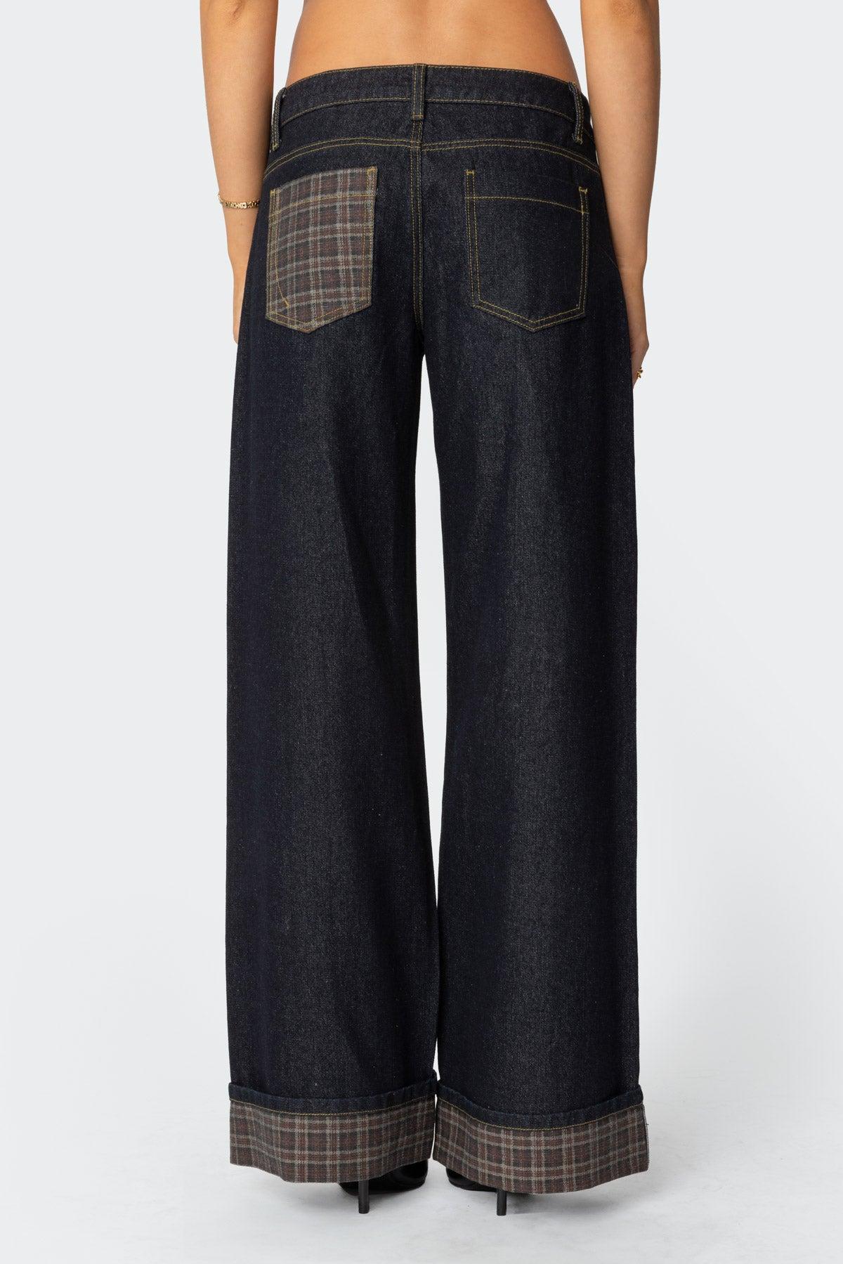 Plaid Cuffed Low Rise Jeans Product Image