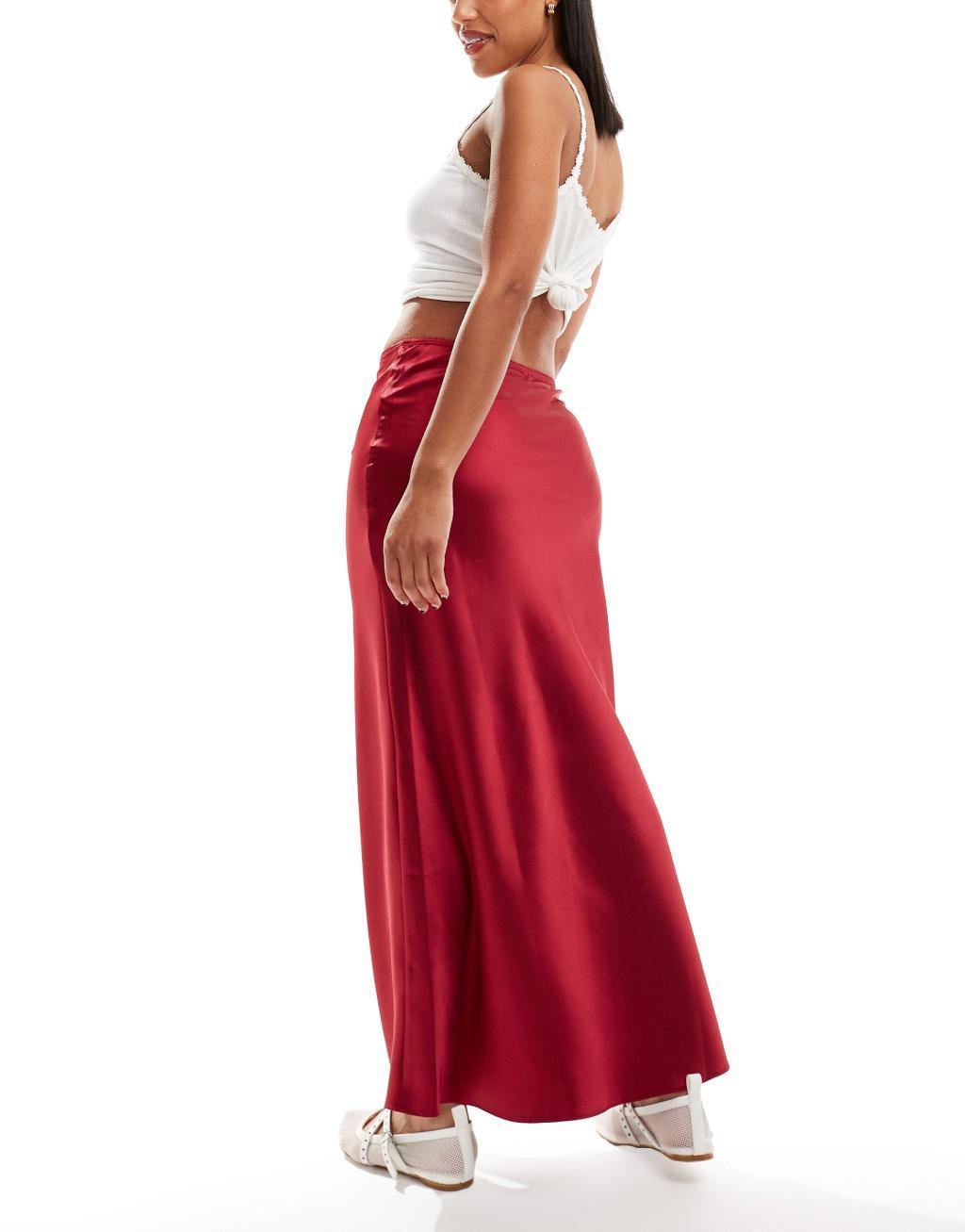 Miss Selfridge satin bias maxi skirt in red Product Image