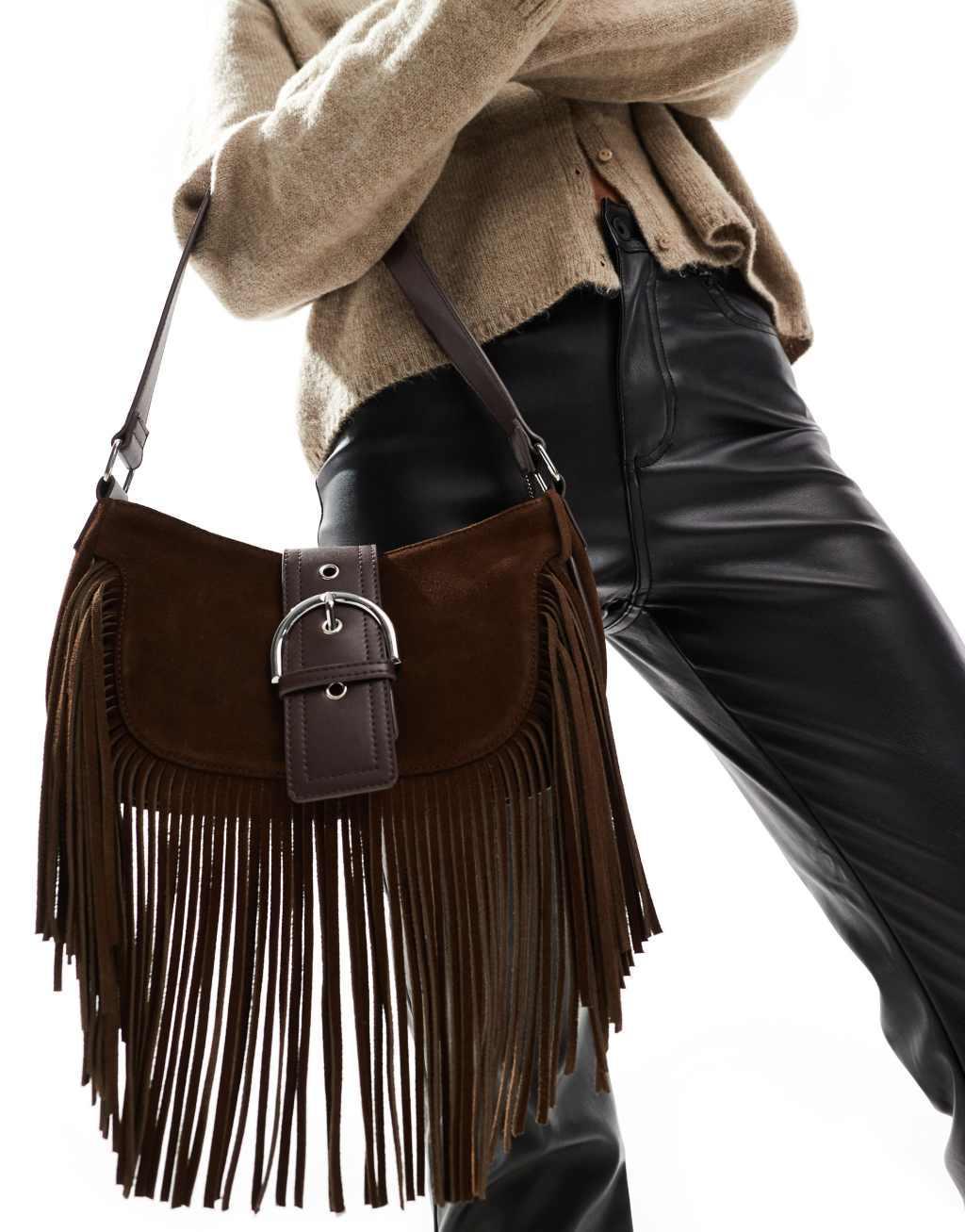 ASOS DESIGN suede tassel shoulder bag with buckle detail in chocolate Product Image