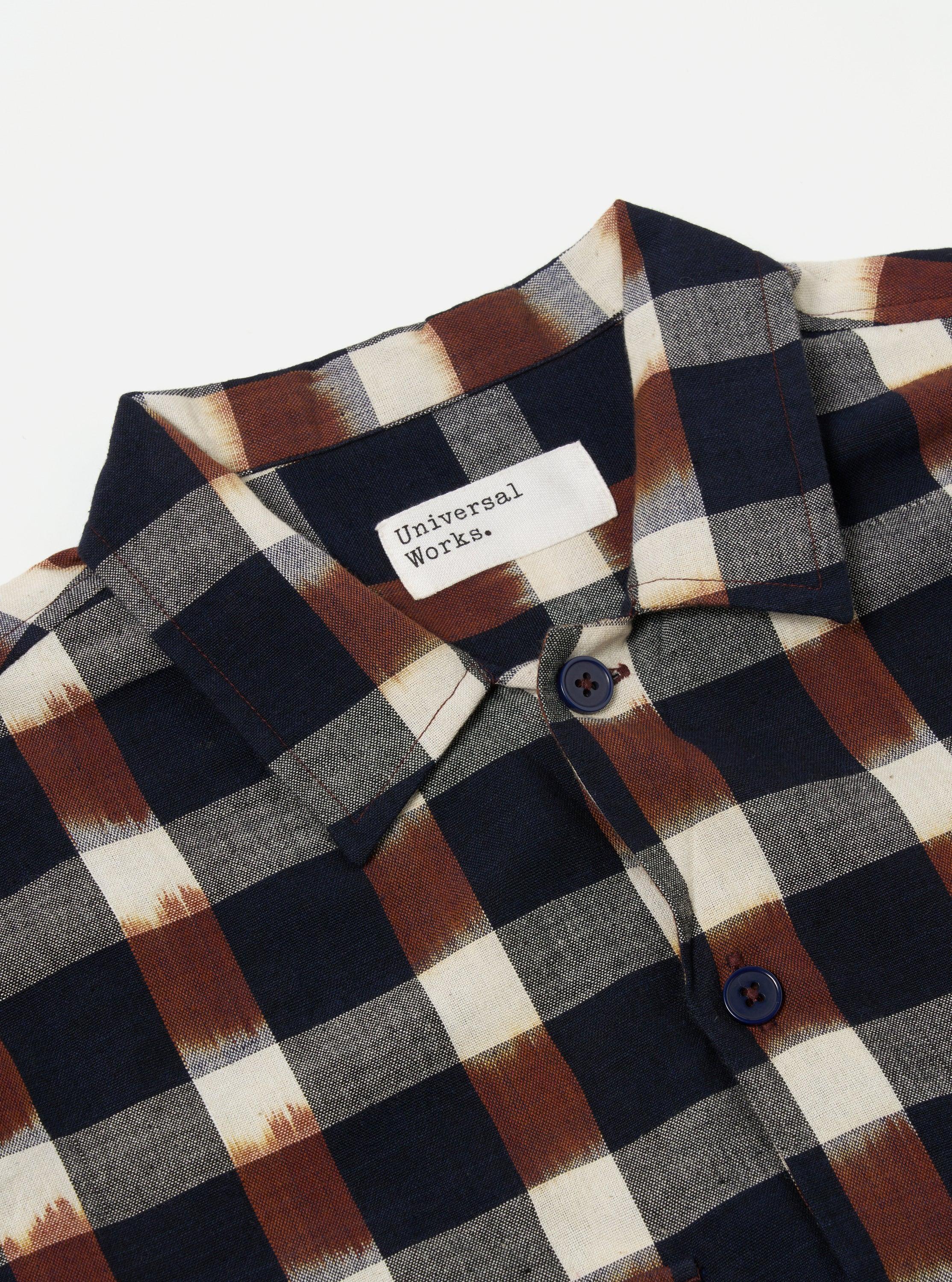 Universal Works L/S Utility Shirt in Navy/Brown Check Ikat Product Image