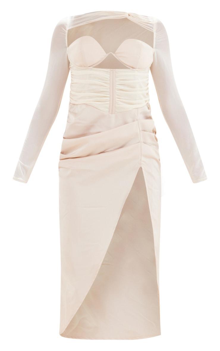 Champagne Satin Bust Detail Ruched Mesh Sleeve Midi Dress Product Image