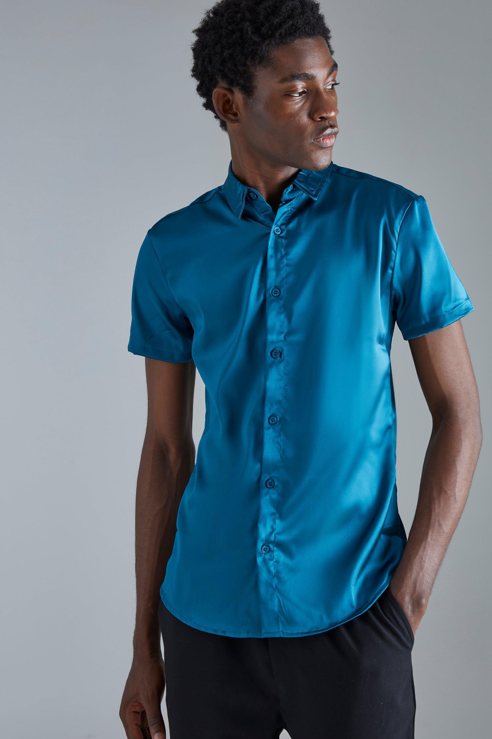 Short Sleeve Muscle Satin Shirt | boohooMAN USA Product Image