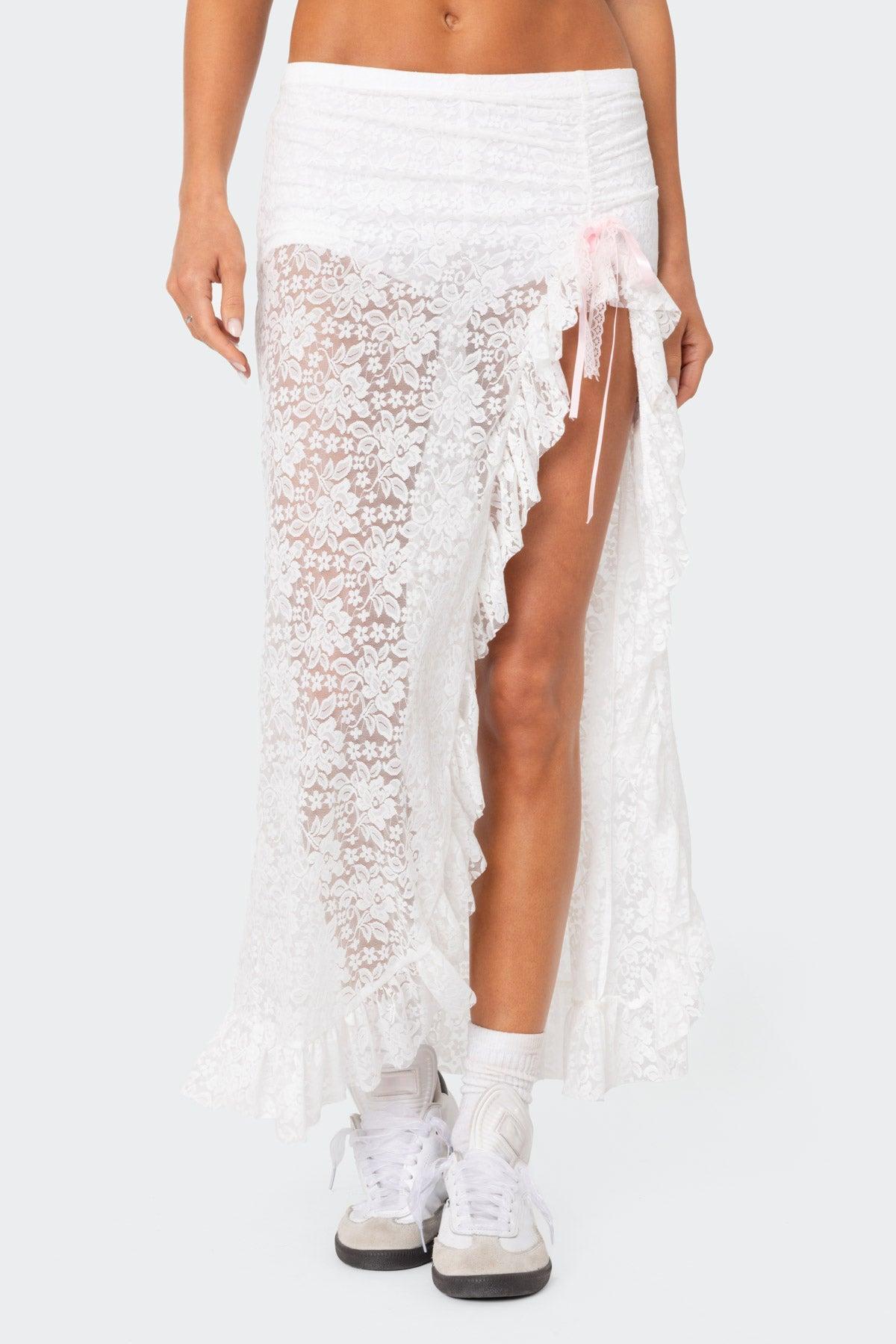 Ruffled Sheer Lace Maxi Skort Product Image