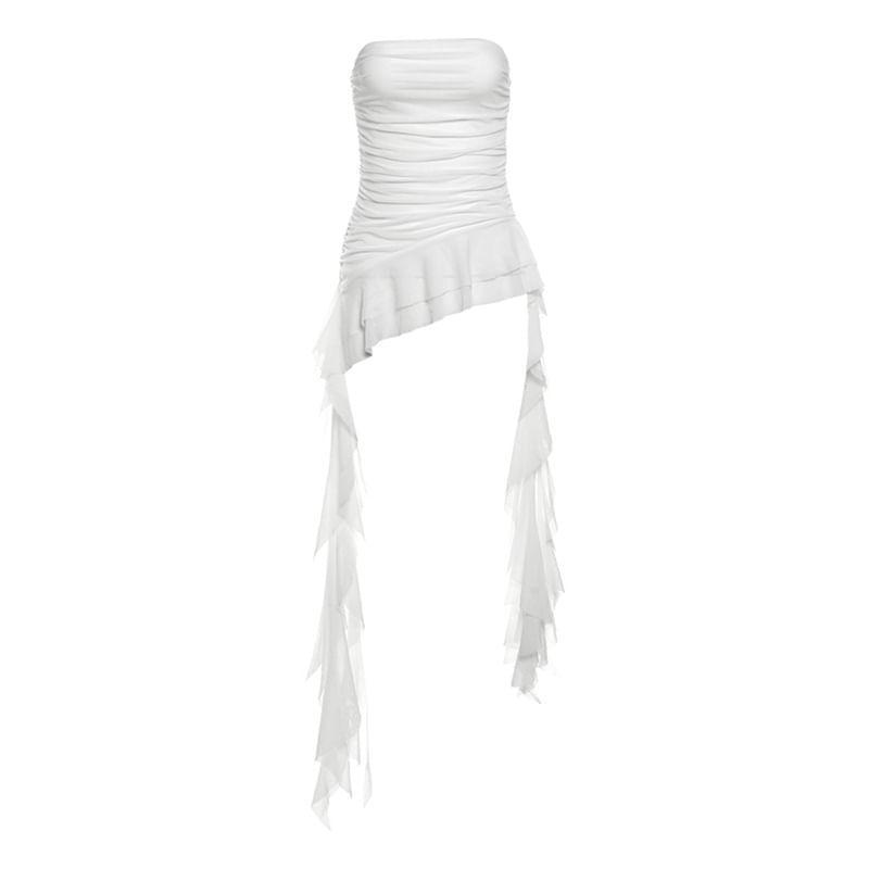 Plain Ruffle Asymmetrical Ruched Tube Top Product Image