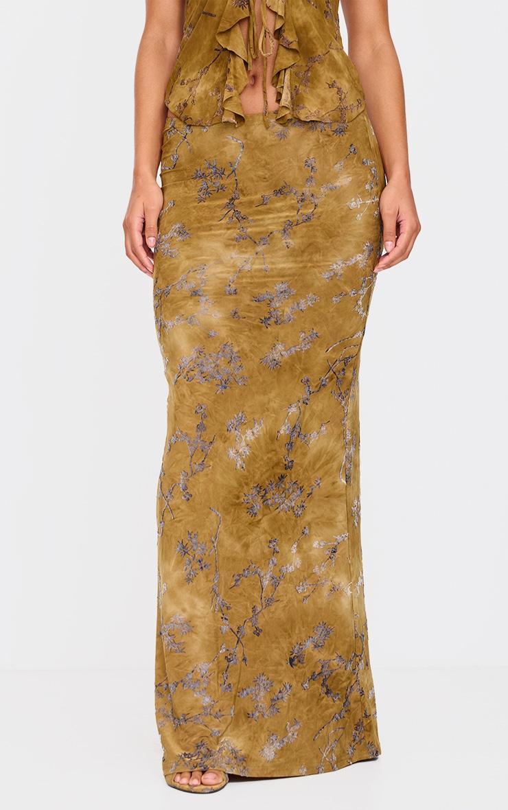 Olive Floral Devore Low Rise Maxi Skirt Product Image