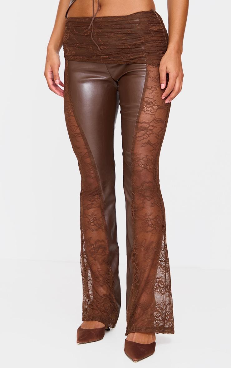 Brown Faux Leather Lace Ruched Waist Flared Pants Product Image