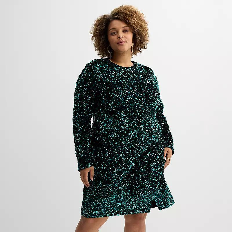 Plus Size INTEMPO Long Sleeve Sequin Dress, Womens Product Image