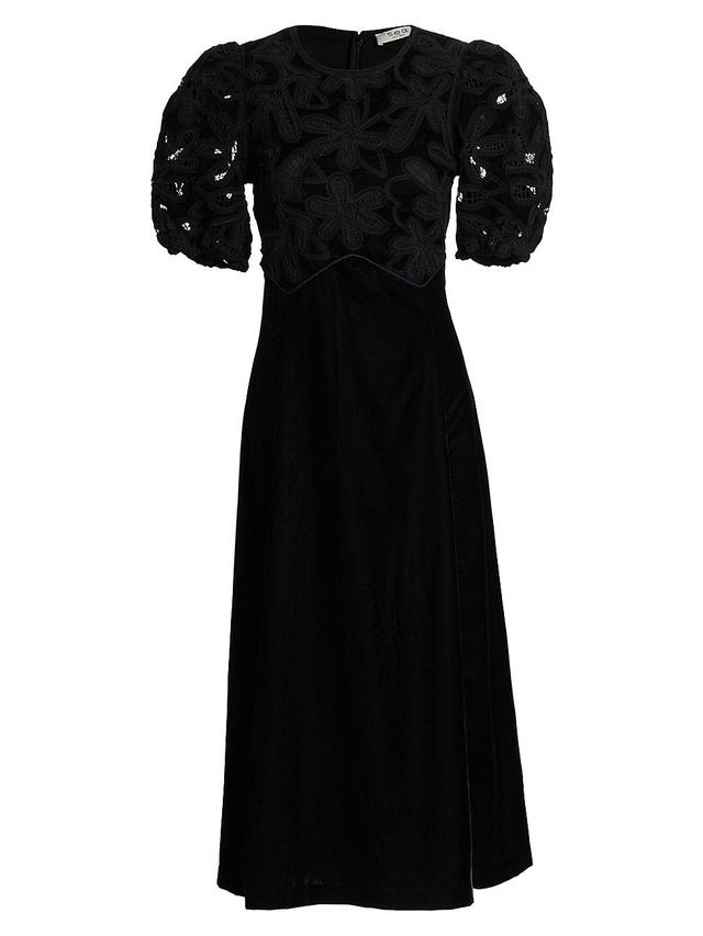 Womens Alice Embroidered Velvet Puff-Sleeve Midi-Dress Product Image