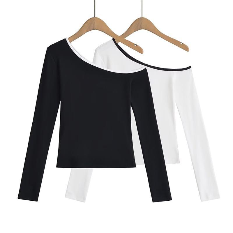 Long Sleeve One Shoulder Contrast Trim Top Product Image