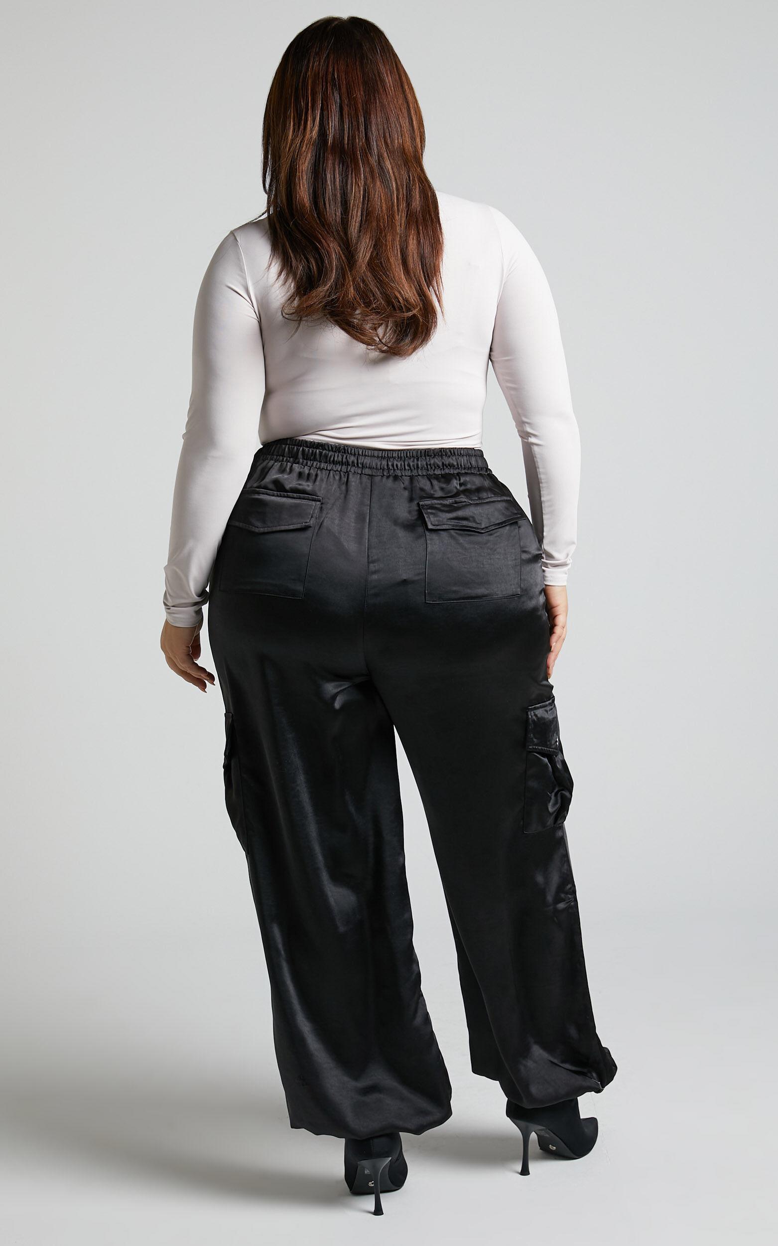 Jadeiah Pants - Mid Rise Cargo Pocket Satin Jogger Pant in Black Product Image