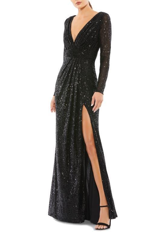 Mac Duggal Sequin Long Sleeve Faux Wrap Gown Product Image