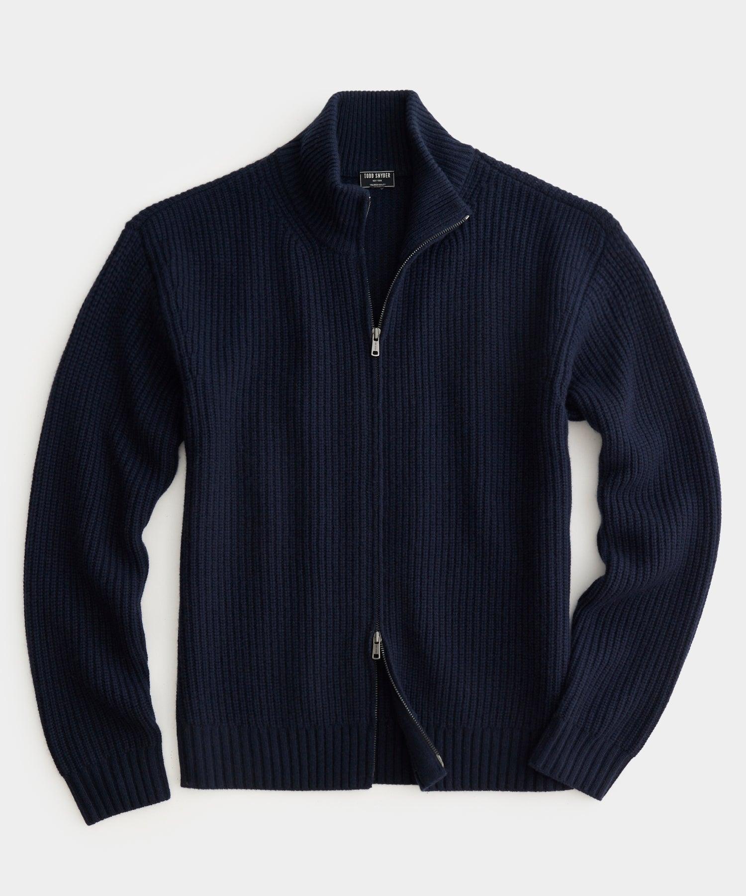 Full-Zip Mock Neck Cashmere Sweater in Navy Product Image