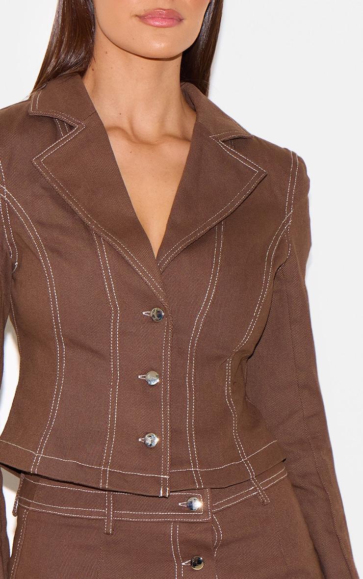 Chocolate  Twill Contrast Stitch Cinched Waist Jacket Product Image