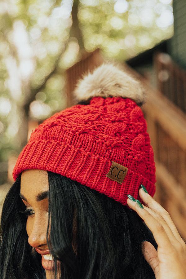 Fall Hike Faux Fur Pom Beanie in Red Product Image