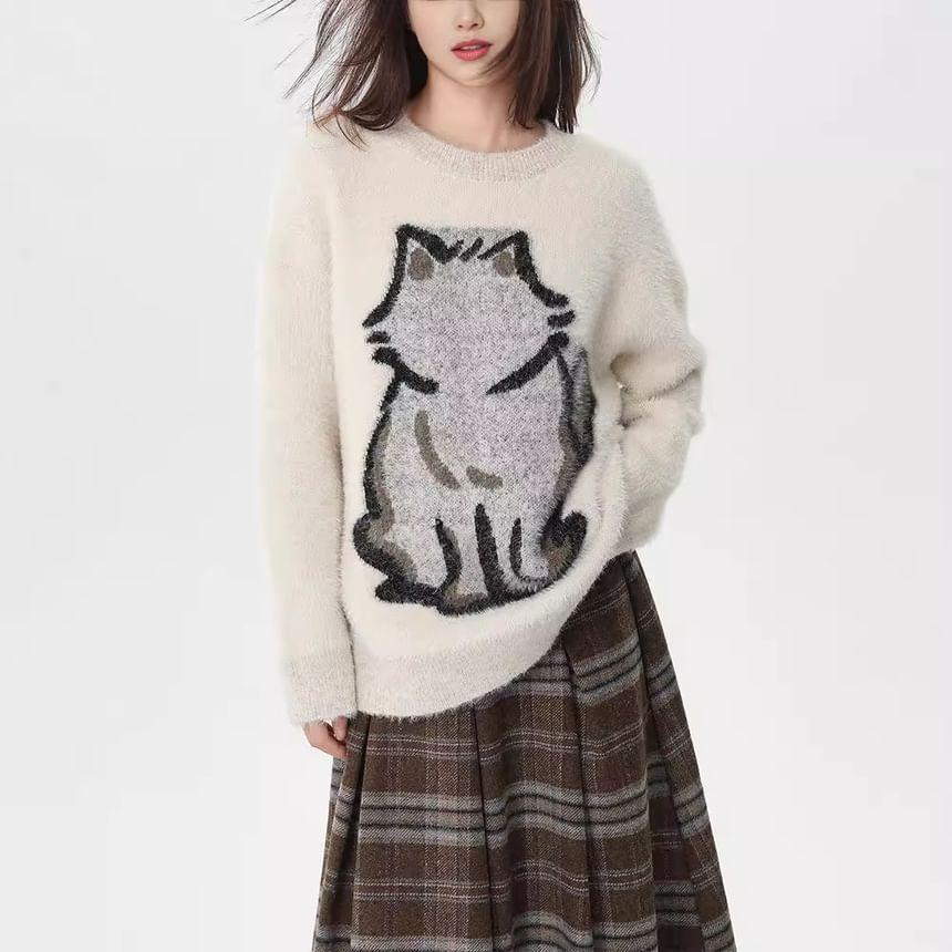 Round Neck Cat Jacquard Sweater Product Image