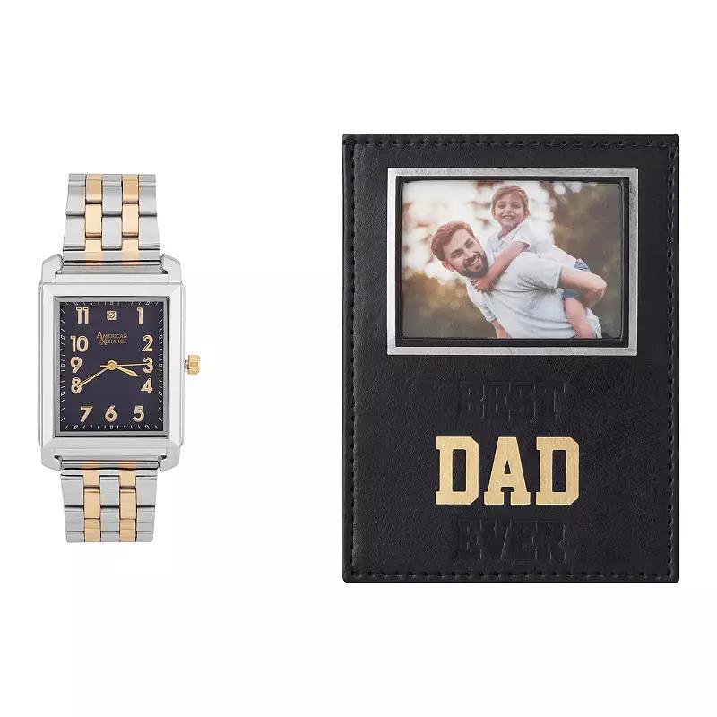 American Exchange Mens Two Tone Metal Alloy Watch & Best Dad Ever Photo Frame Gold Silver Product Image