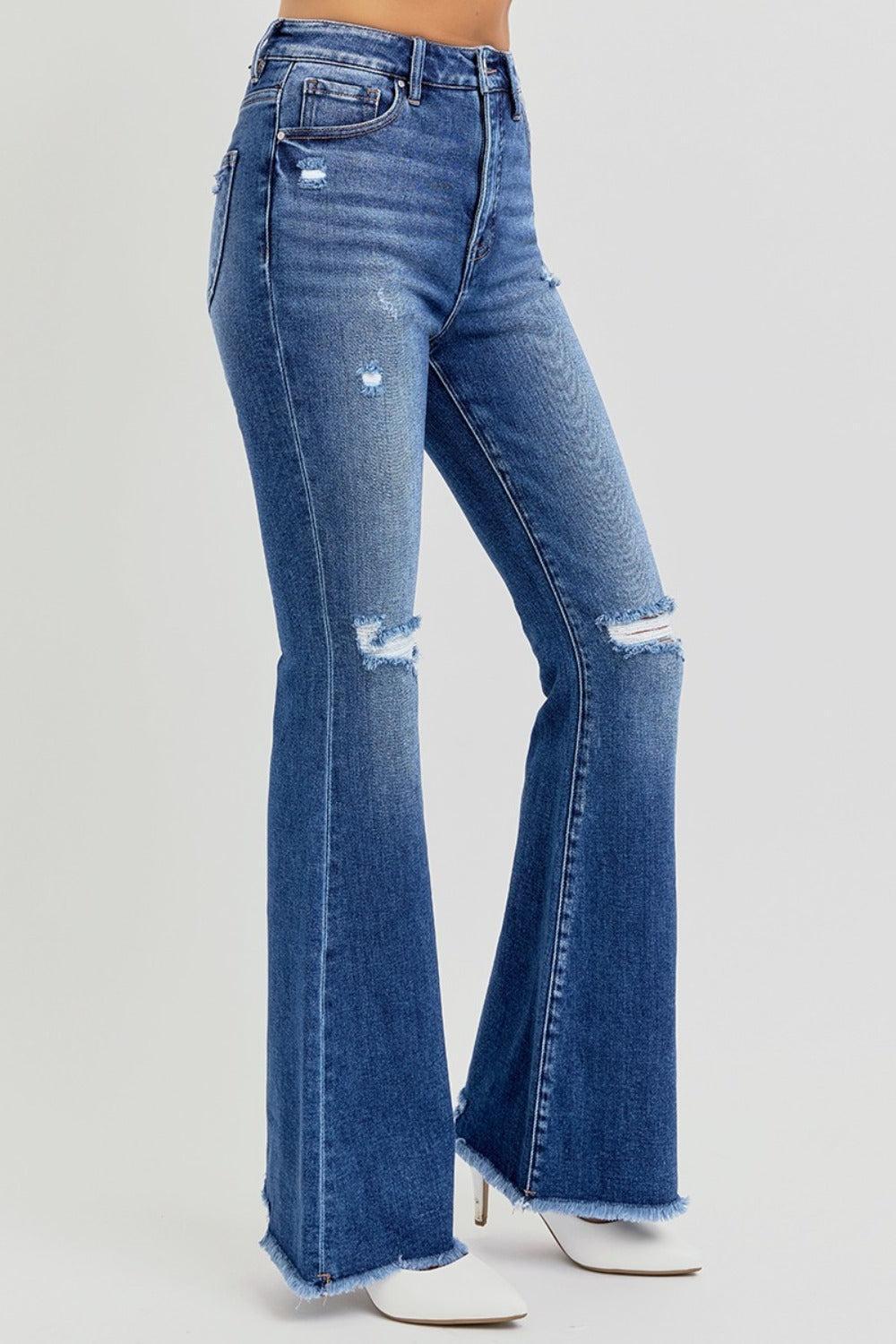 Risen High Rise Distressed Raw Hem Flare Jeans Product Image