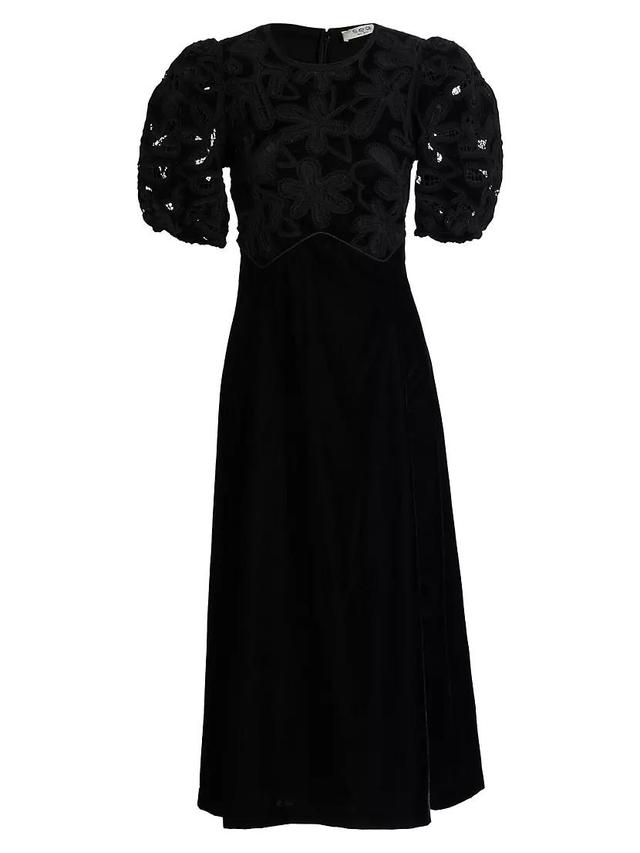 Alice Embroidered Velvet Puff-Sleeve Midi-Dress Product Image