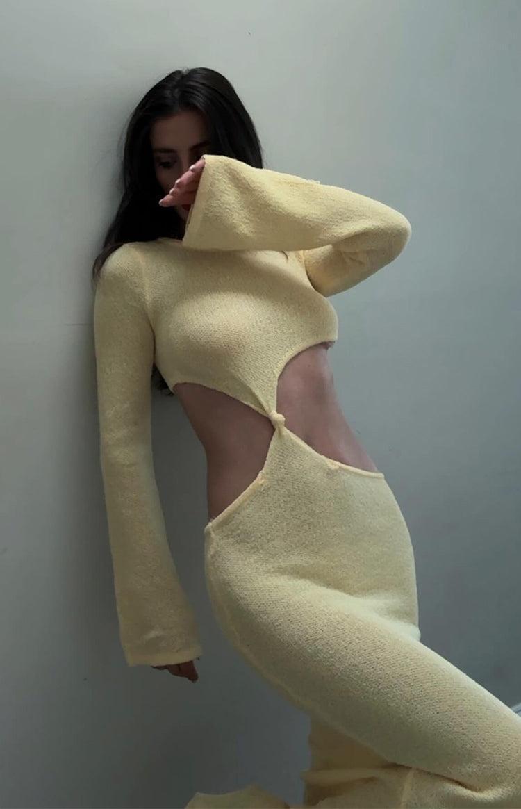 Arya Yellow Long Sleeve Knit Maxi Dress Product Image