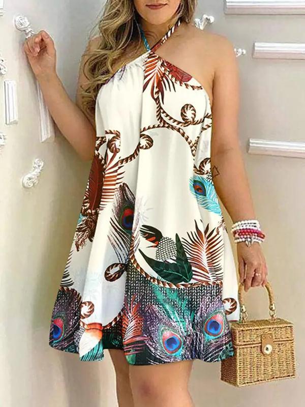 Loose Sleeveless Contrast Color Printed Halter-Neck Mini Dresses Product Image