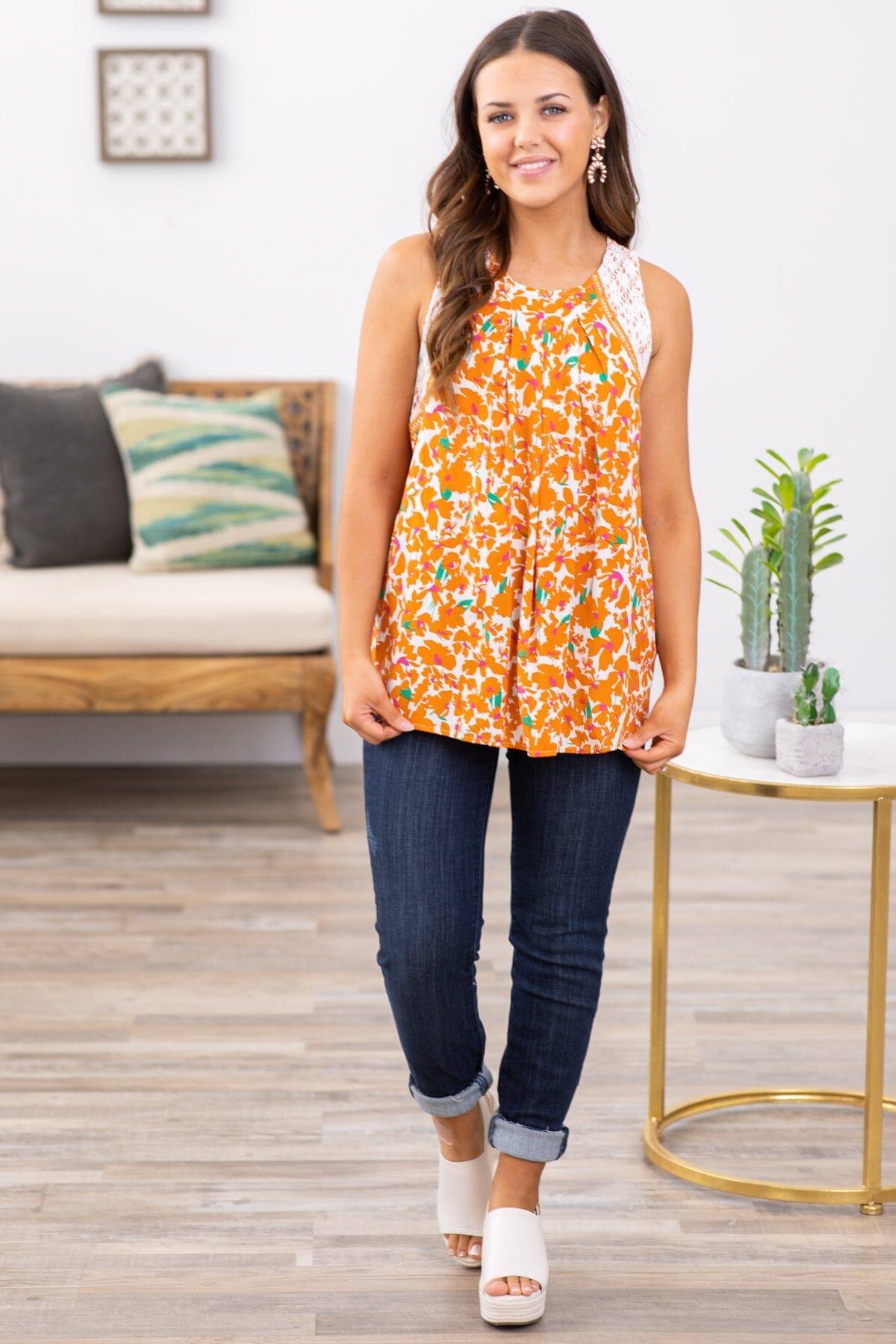 Orange Multicolor Lace Trim Floral Tank Product Image